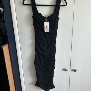 Chic Black Ruched Midi Dress